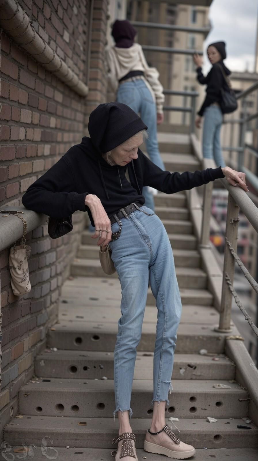 AI Generated - Homeless anorexic granny wearing tight jeans