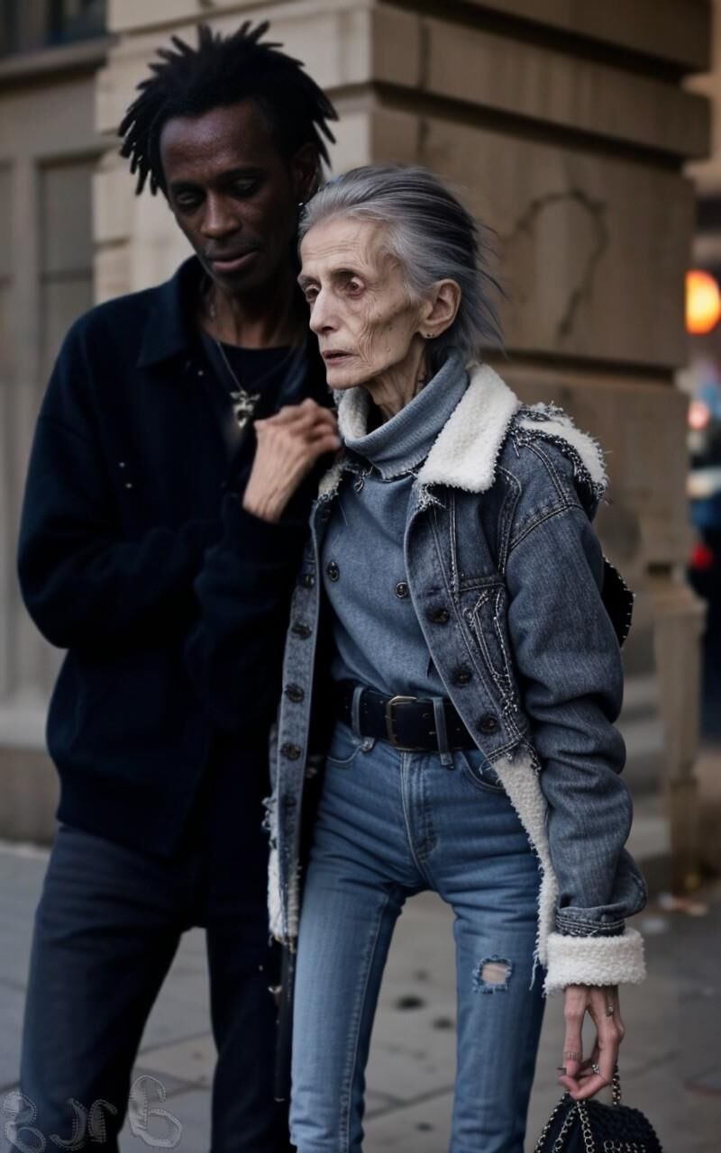 AI Generated - Homeless anorexic granny wearing tight jeans