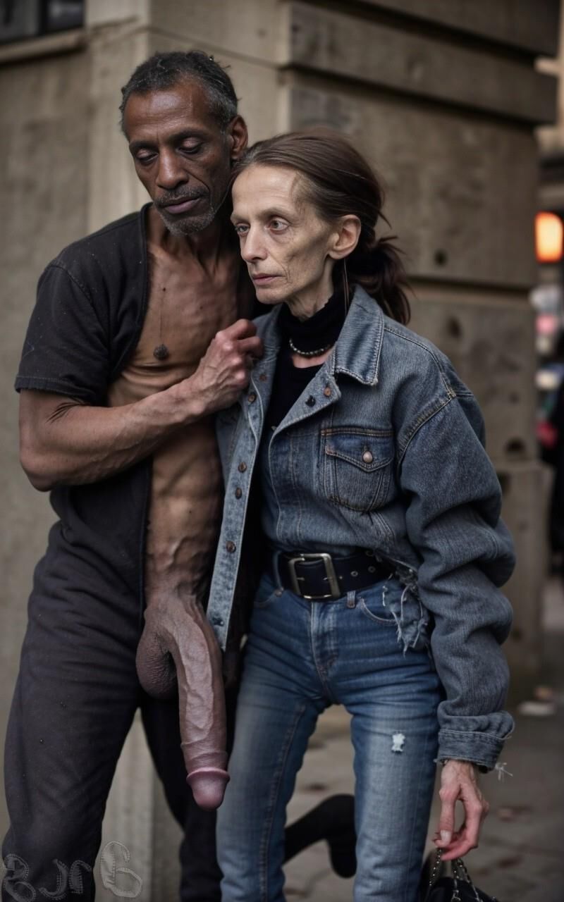 AI Generated - Homeless anorexic granny wearing tight jeans