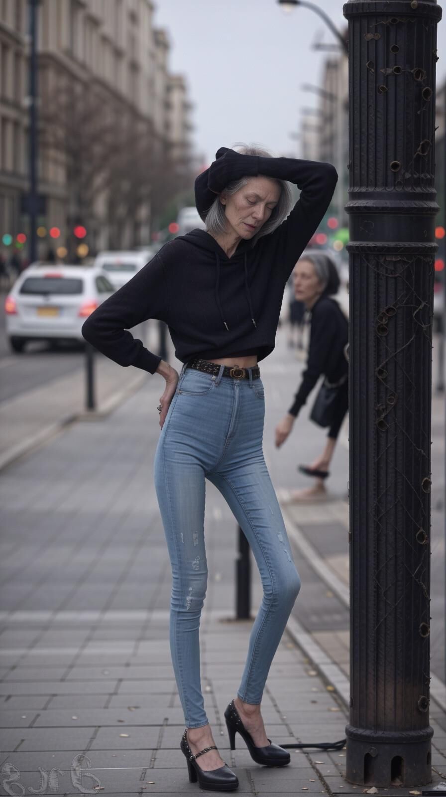 AI Generated - Homeless anorexic granny wearing tight jeans