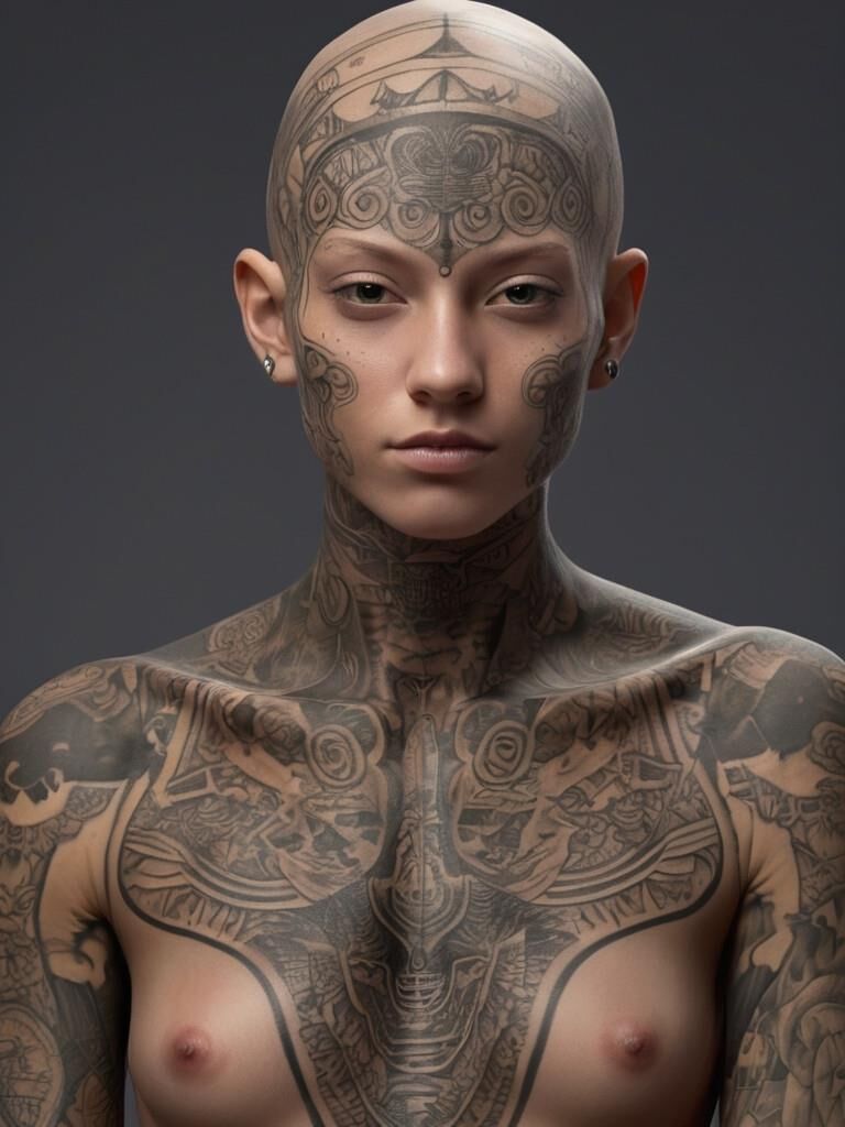 Skinny extreme tattooed woman