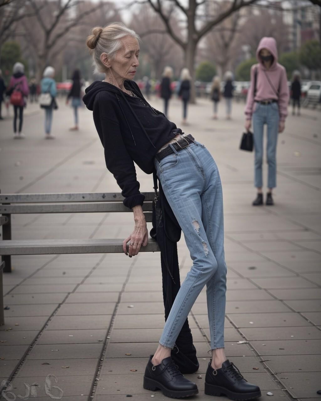 AI Generated - Homeless anorexic granny wearing tight jeans