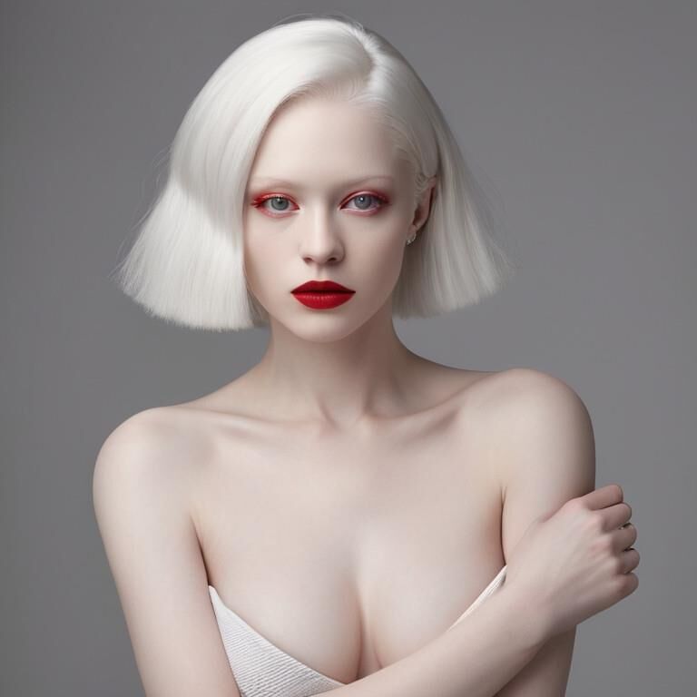 Albino woman with red lips