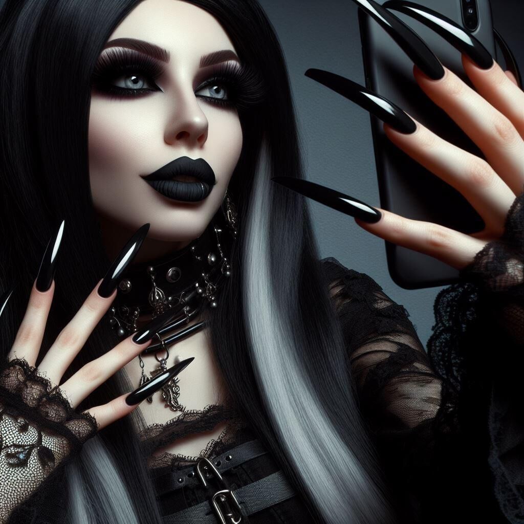 AI Goth Babe Selfies with Long Nails