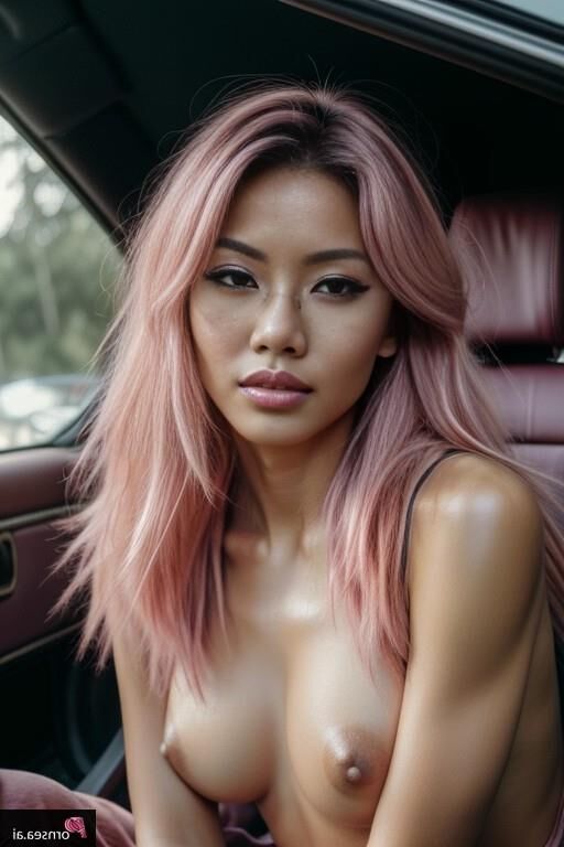 Junge athletische Thailänderin mit rosa Haaren und Brille im Auto