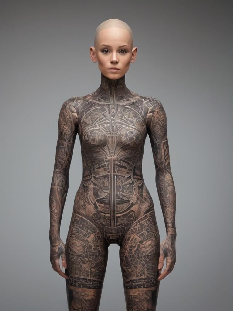 Skinny extreme tattooed woman