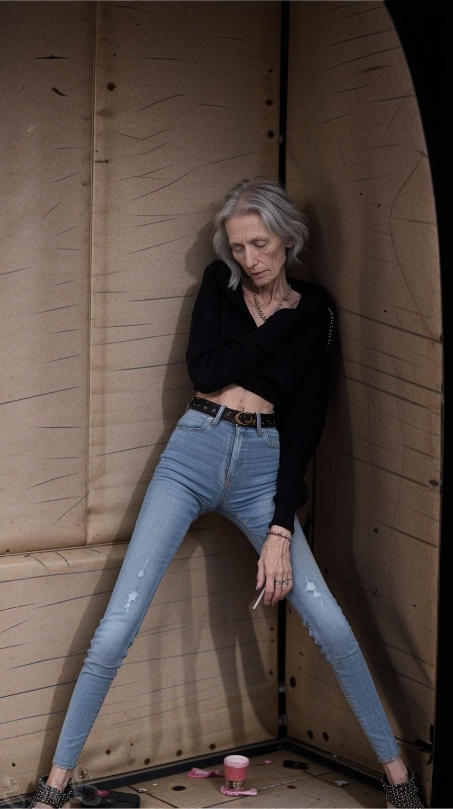 AI Generated - Homeless anorexic granny wearing tight jeans