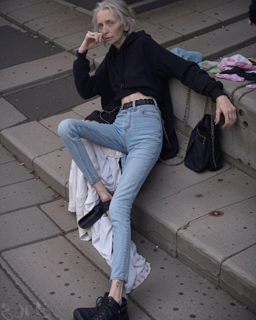 AI Generated - Homeless anorexic granny wearing tight jeans