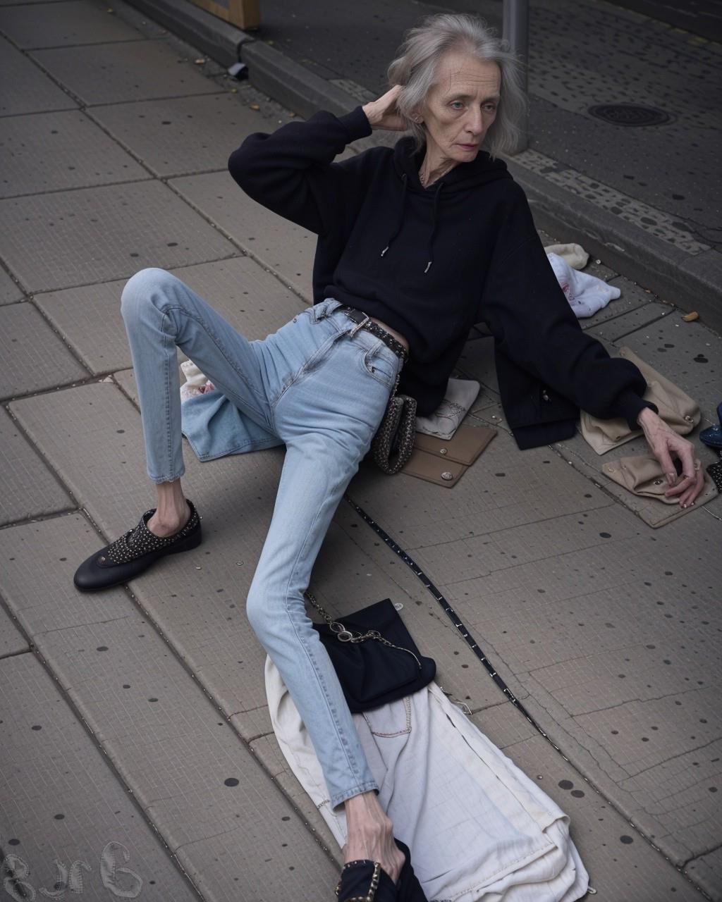 AI Generated - Homeless anorexic granny wearing tight jeans