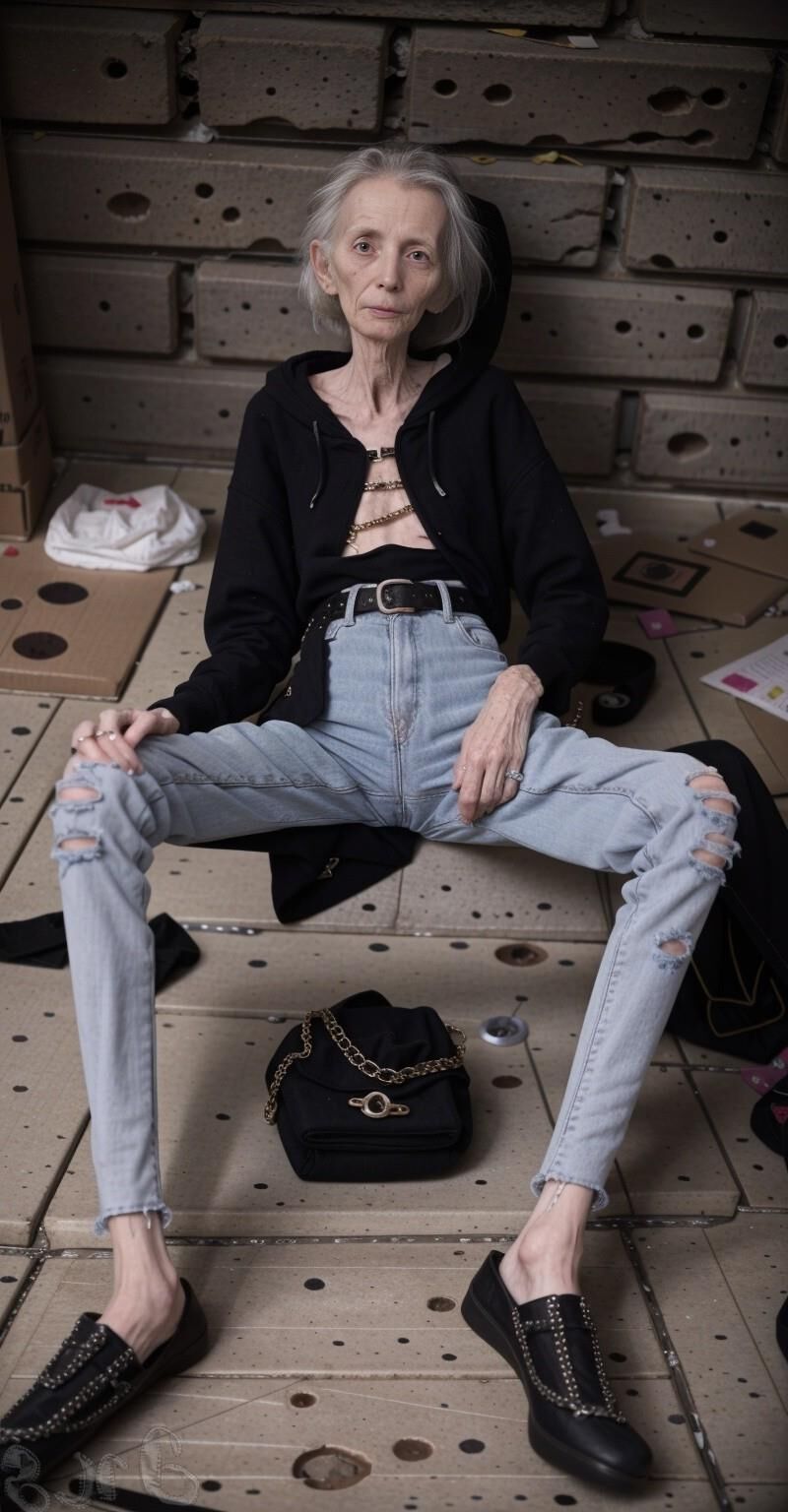 AI Generated - Homeless anorexic granny wearing tight jeans