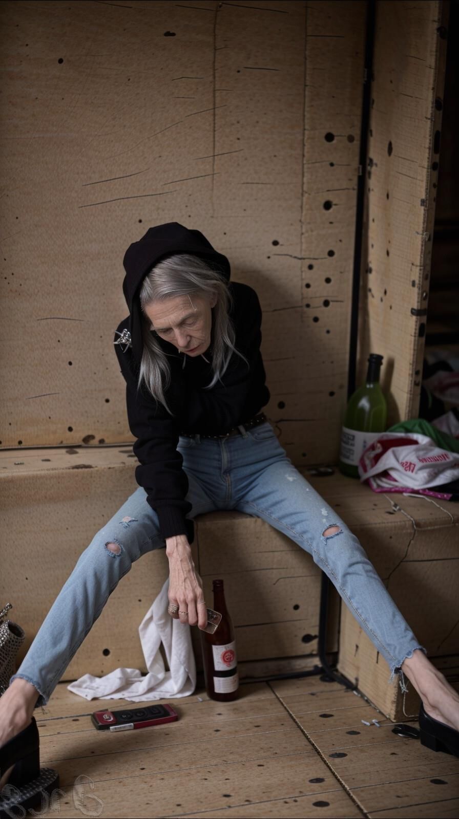 AI Generated - Homeless anorexic granny wearing tight jeans