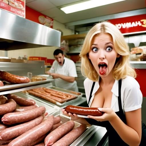 Chicas de comida para llevar, sorprendidas por las salchichas