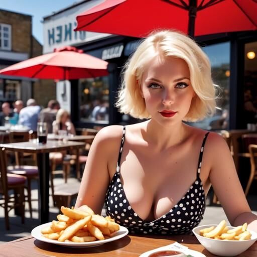 Lindas garotas desfrutando de peixe e batatas fritas ao sol