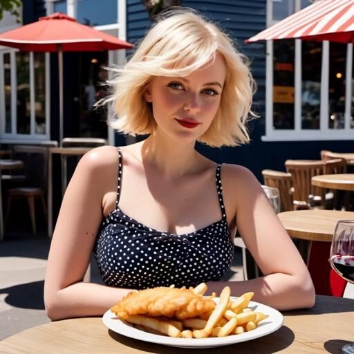 Lindas garotas desfrutando de peixe e batatas fritas ao sol