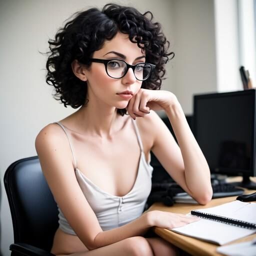 Cute girl with curly black hair, makes it hard to focus at work 