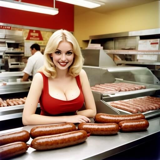 Chicas de comida para llevar, sorprendidas por las salchichas