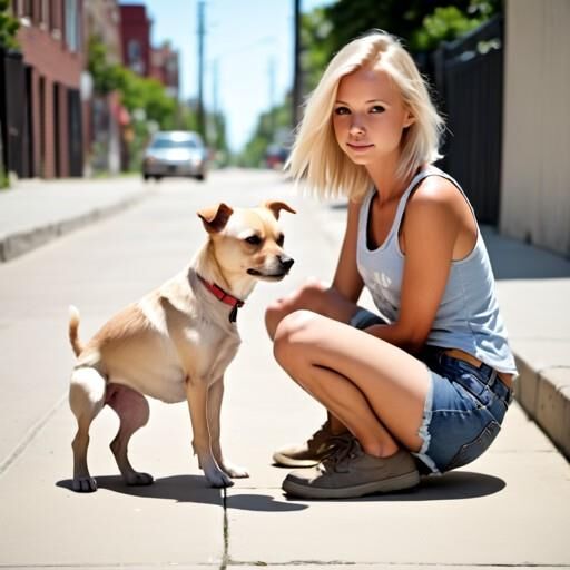 Blondine geht mit ihrem Hund spazieren