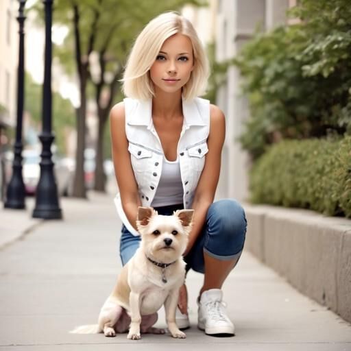 Blondine geht mit ihrem Hund spazieren