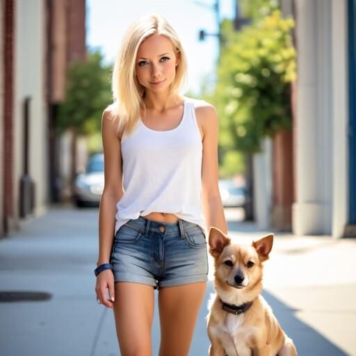 Blondine geht mit ihrem Hund spazieren