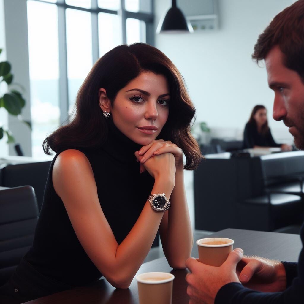 Office manager Marina Diamandis in a sleeveless turtleneck/watch