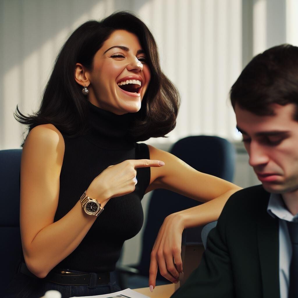 Office manager Marina Diamandis in a sleeveless turtleneck/watch