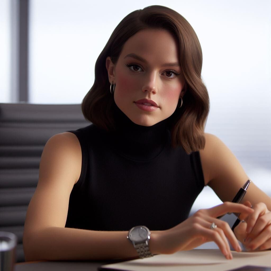 A gerente do escritório, Daisy Ridley, usa uma gola alta / relógio sem mangas