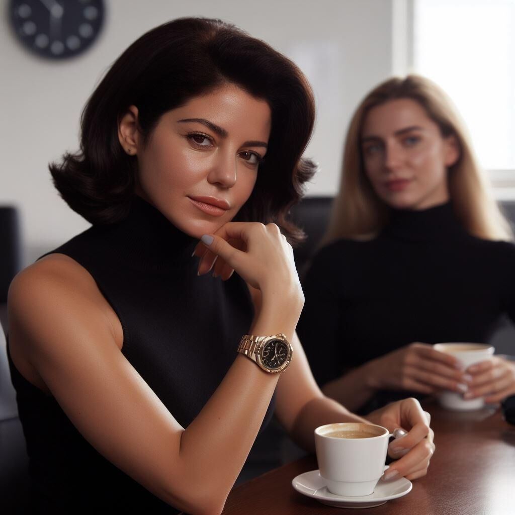 Office manager Marina Diamandis in a sleeveless turtleneck/watch