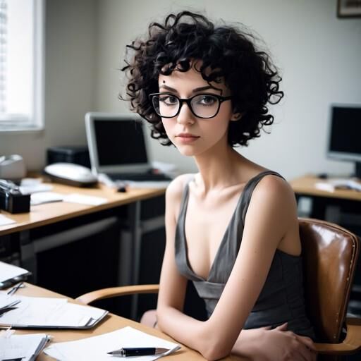 Cute girl with curly black hair, makes it hard to focus at work 