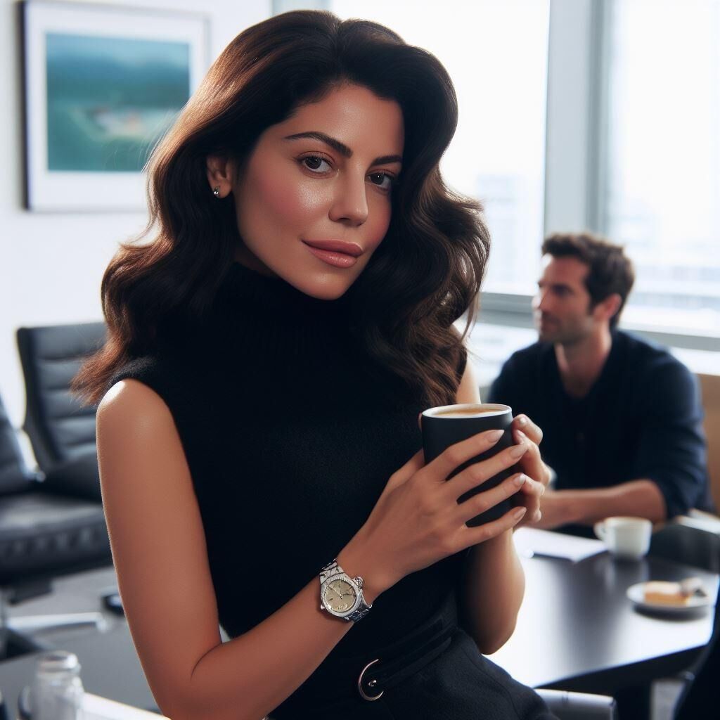 Office manager Marina Diamandis in a sleeveless turtleneck/watch