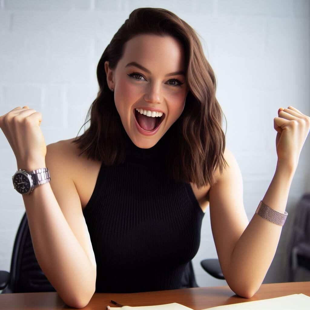 A gerente do escritório, Daisy Ridley, usa uma gola alta / relógio sem mangas