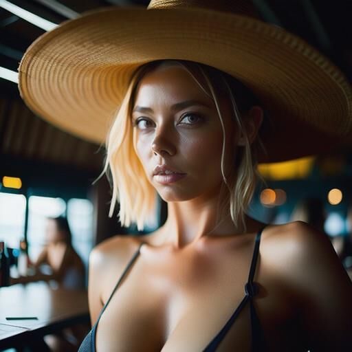 AI babes with boobs and big hats by the beach