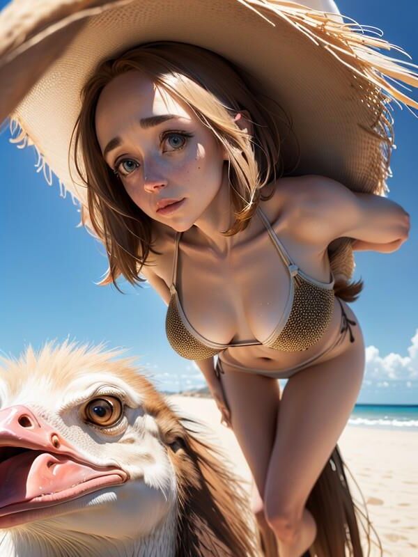 Agatha in a Bikini Riding Large Birds and Wearing Big Hats 