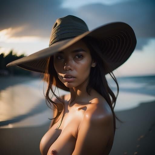 AI babes with boobs and big hats by the beach