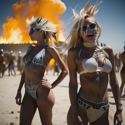 AI Burning Man (?) festival girls, plus fire breathing 