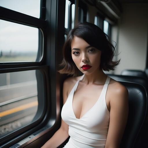 Busty AI girls in tight dresses on the train