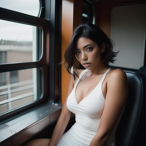 Busty AI girls in tight dresses on the train