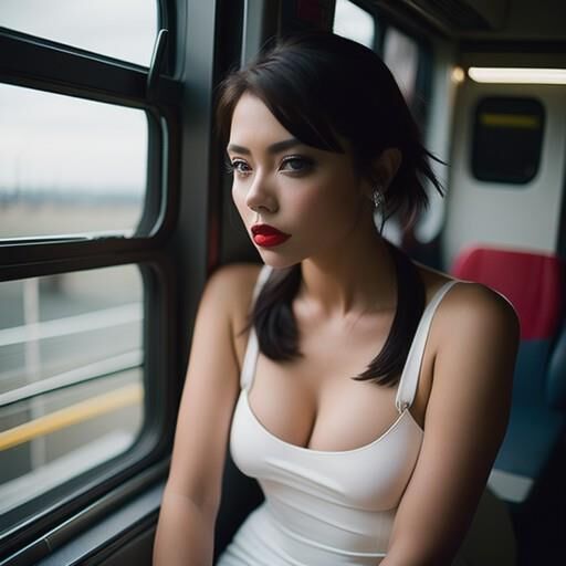 Busty AI girls in tight dresses on the train