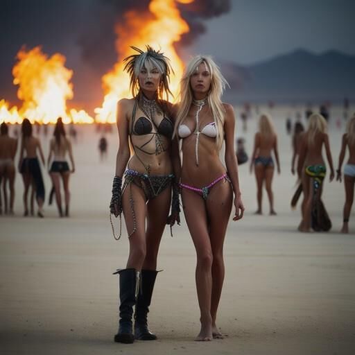 AI Burning Man (?) festival girls, plus fire breathing 