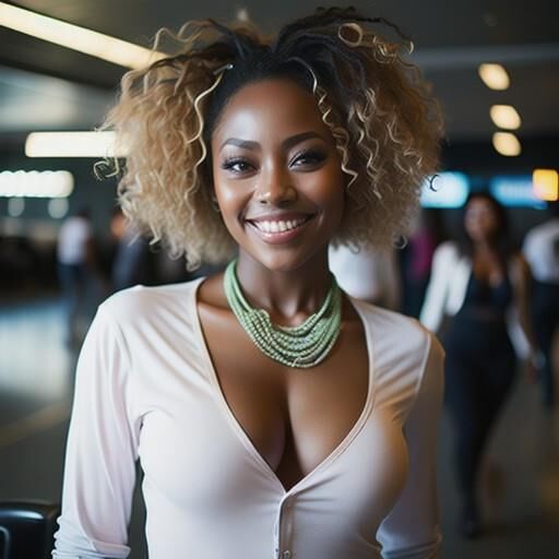 Busty nonnude AI girls, with lots of cleavage, at the airport