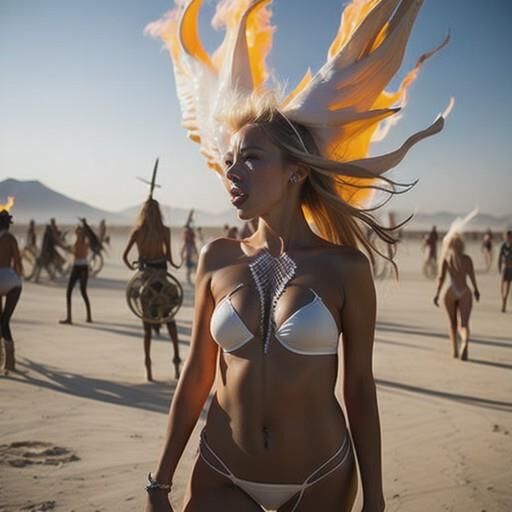 AI Burning Man (?) festival girls, plus fire breathing 