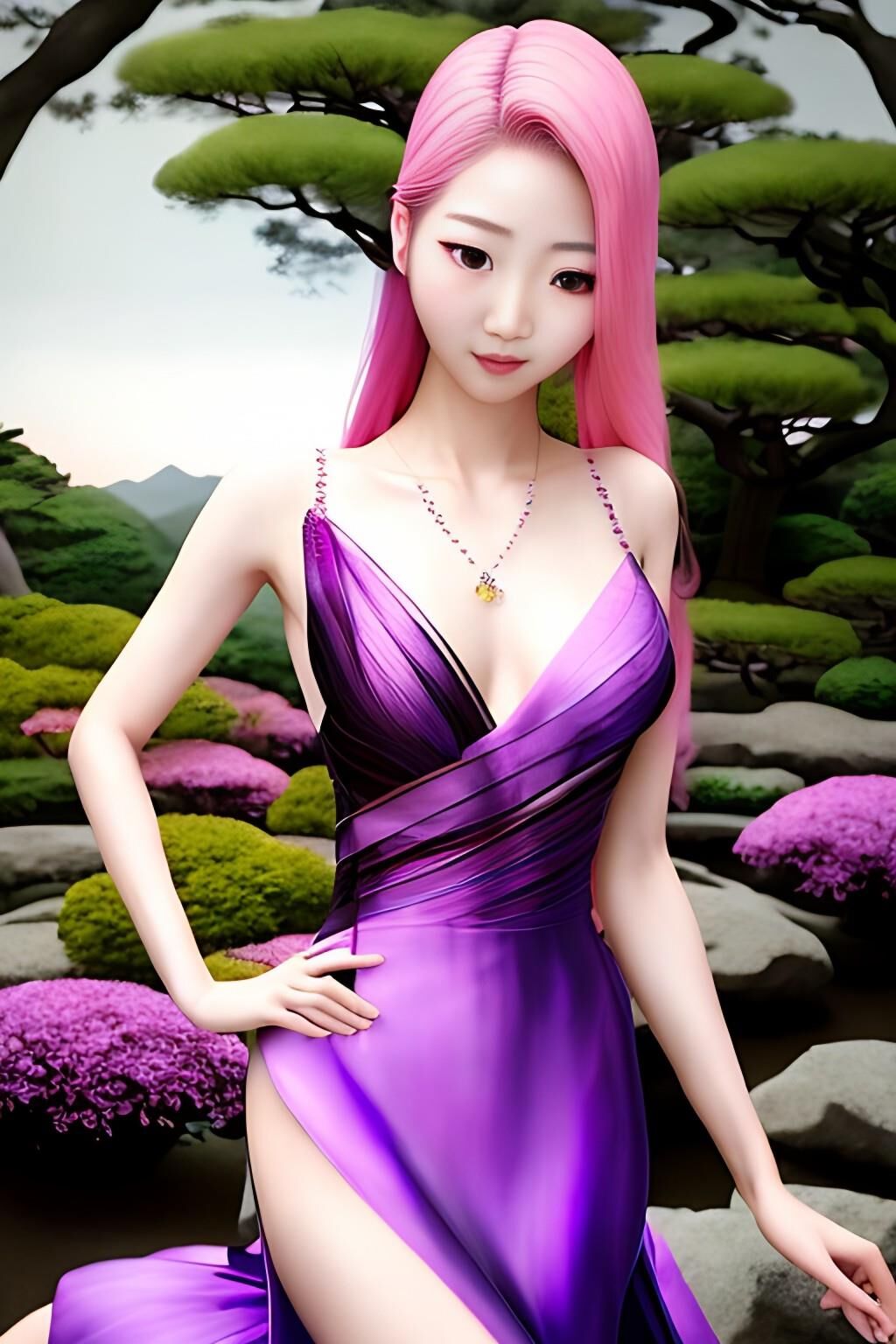 Beautiful Korean women with pink hair - v1