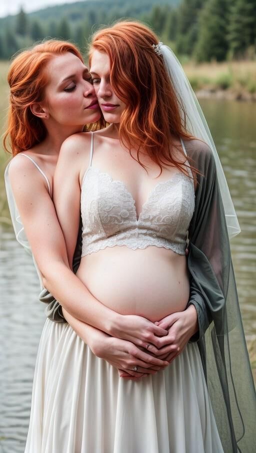 Penny (AI-Model) pregnant Wedding dress, lesbian kissing