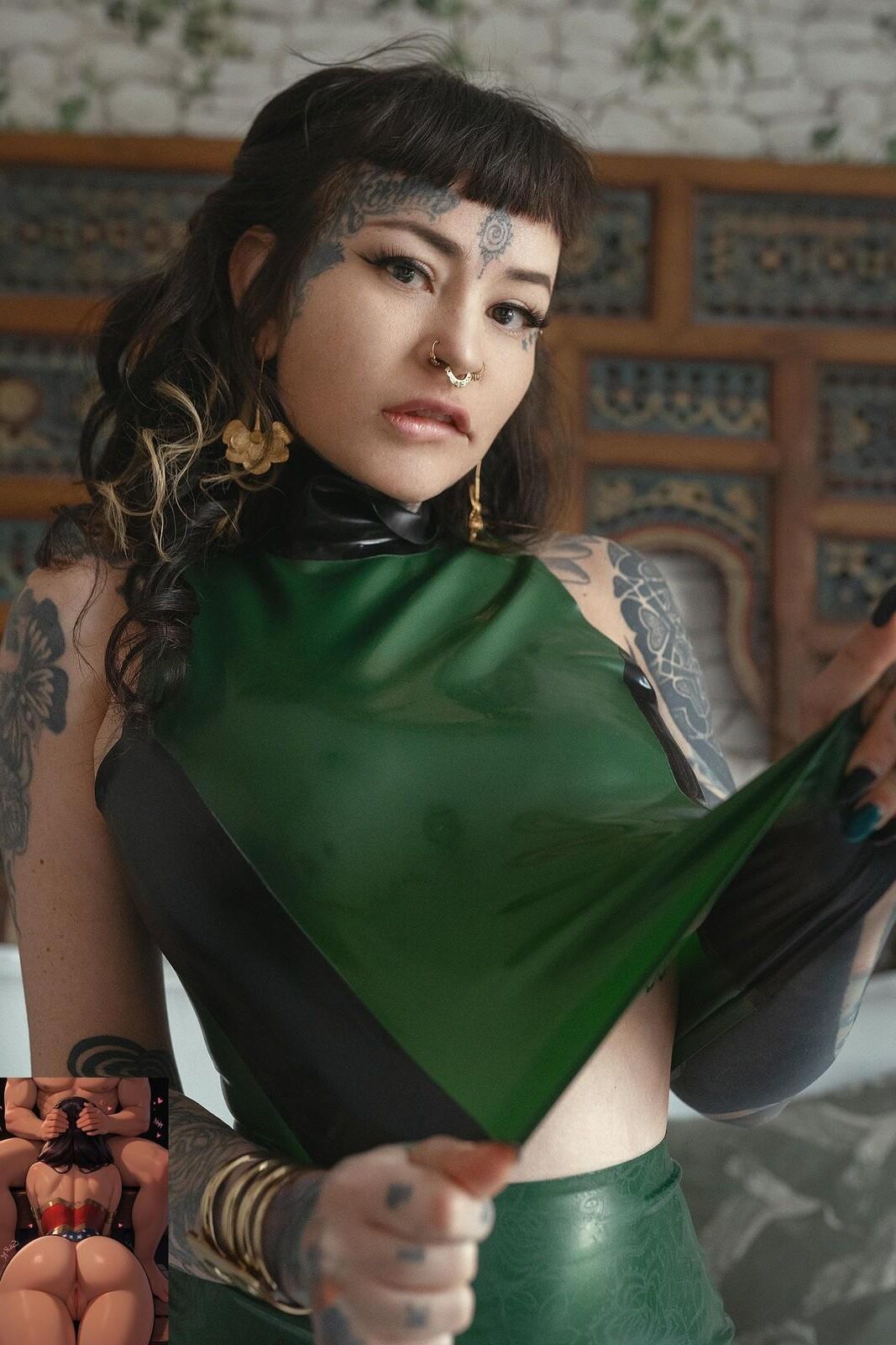 Green shiny latex and tatoo