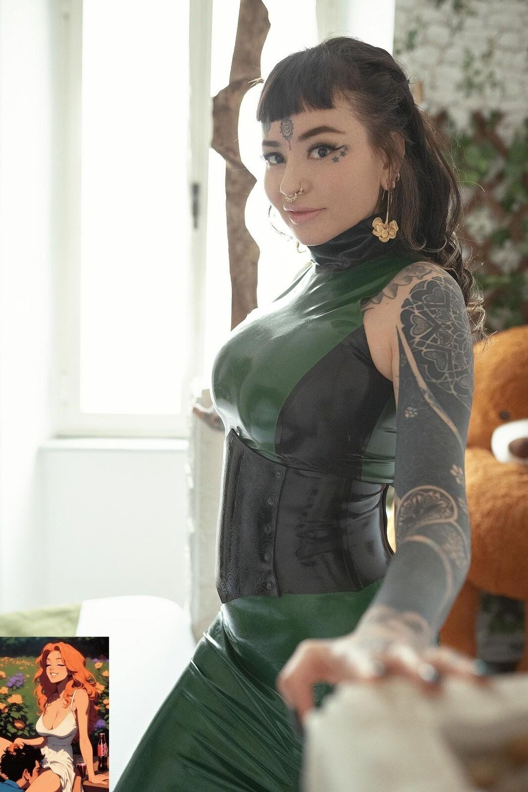 Green shiny latex and tatoo