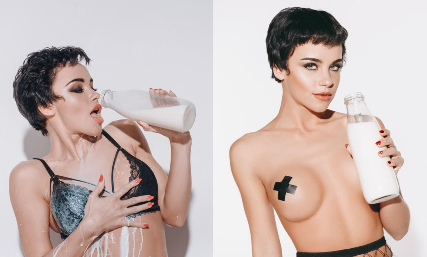 Stock image fashion models short hair tape on nipple milk.