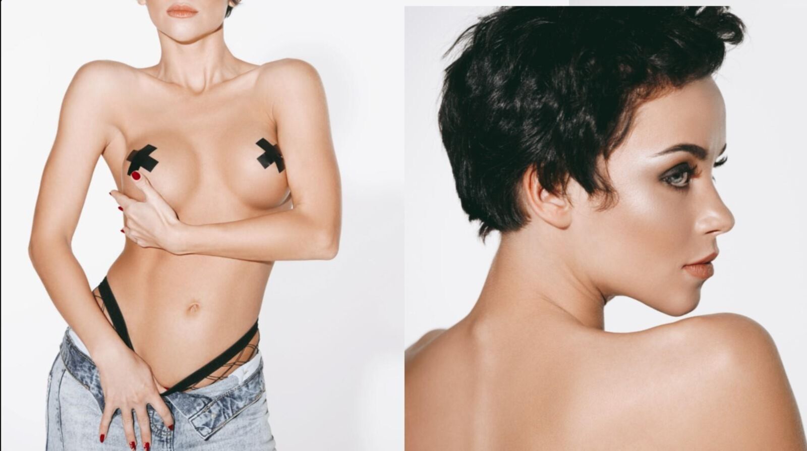 Stock image fashion models short hair tape on nipple milk.