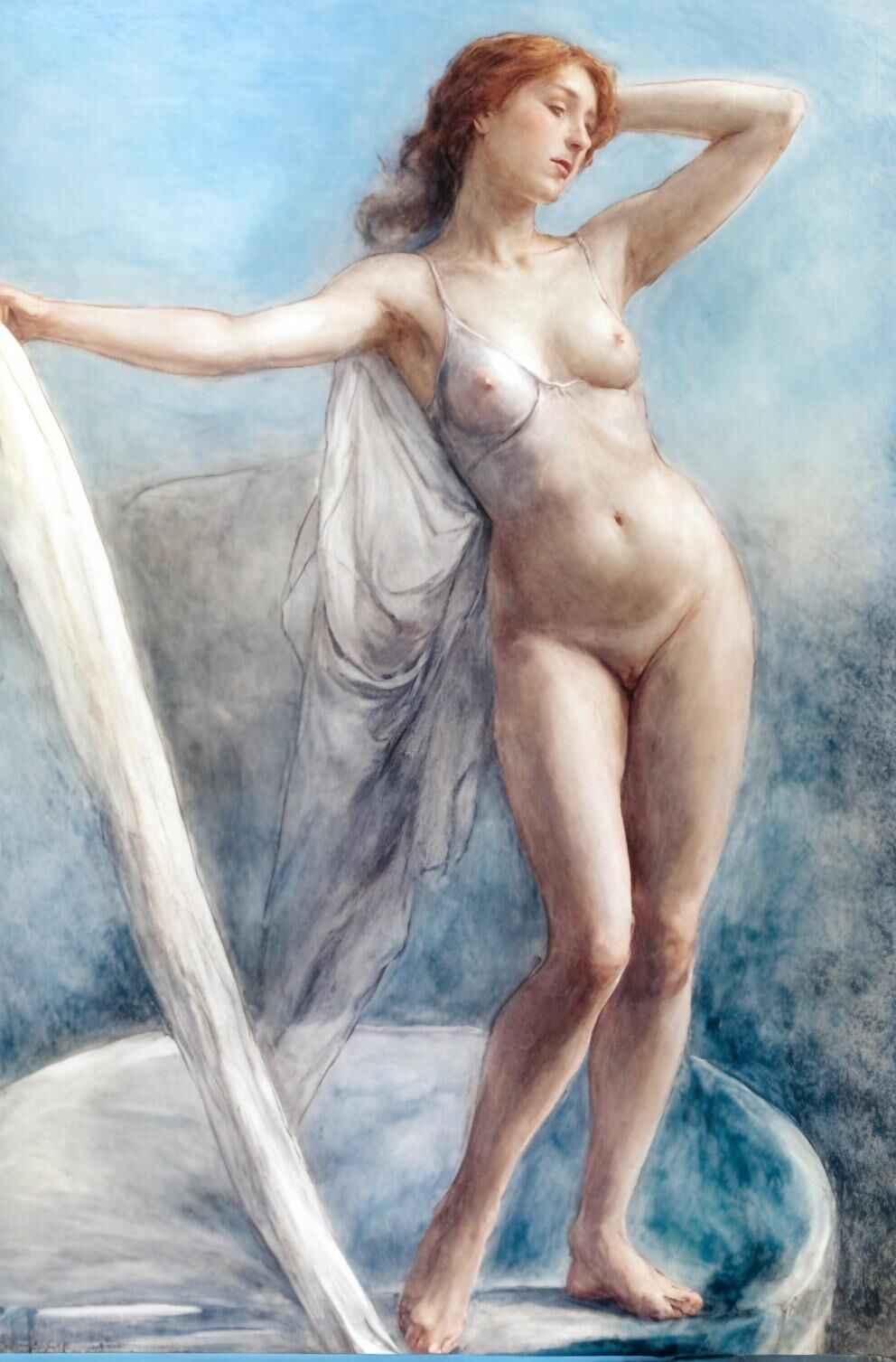 Klassische Illustrationszeichnungen von Nudist Redhead in der Öffentlichkeit