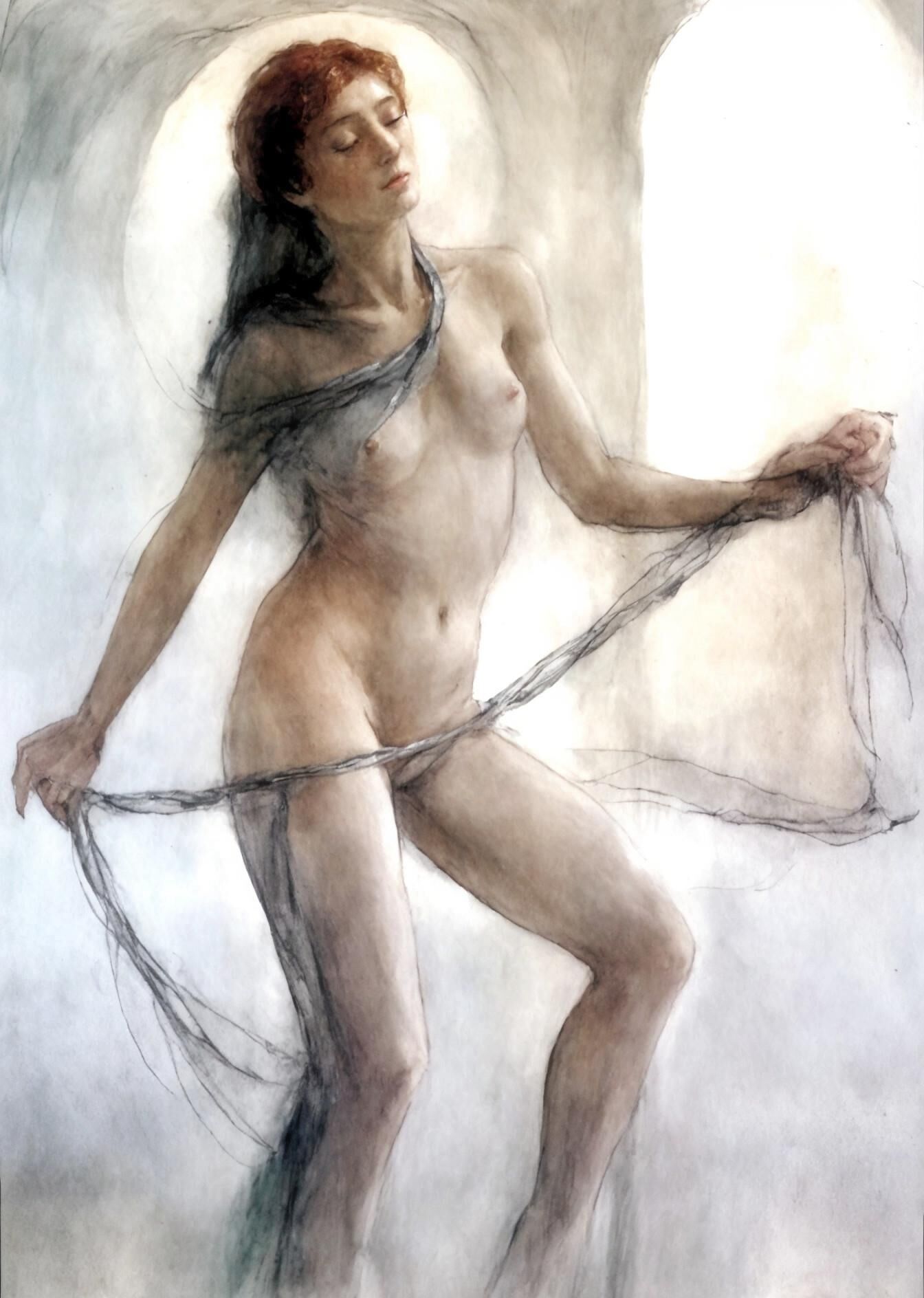 Klassische Illustrationszeichnungen von Nudist Redhead in der Öffentlichkeit