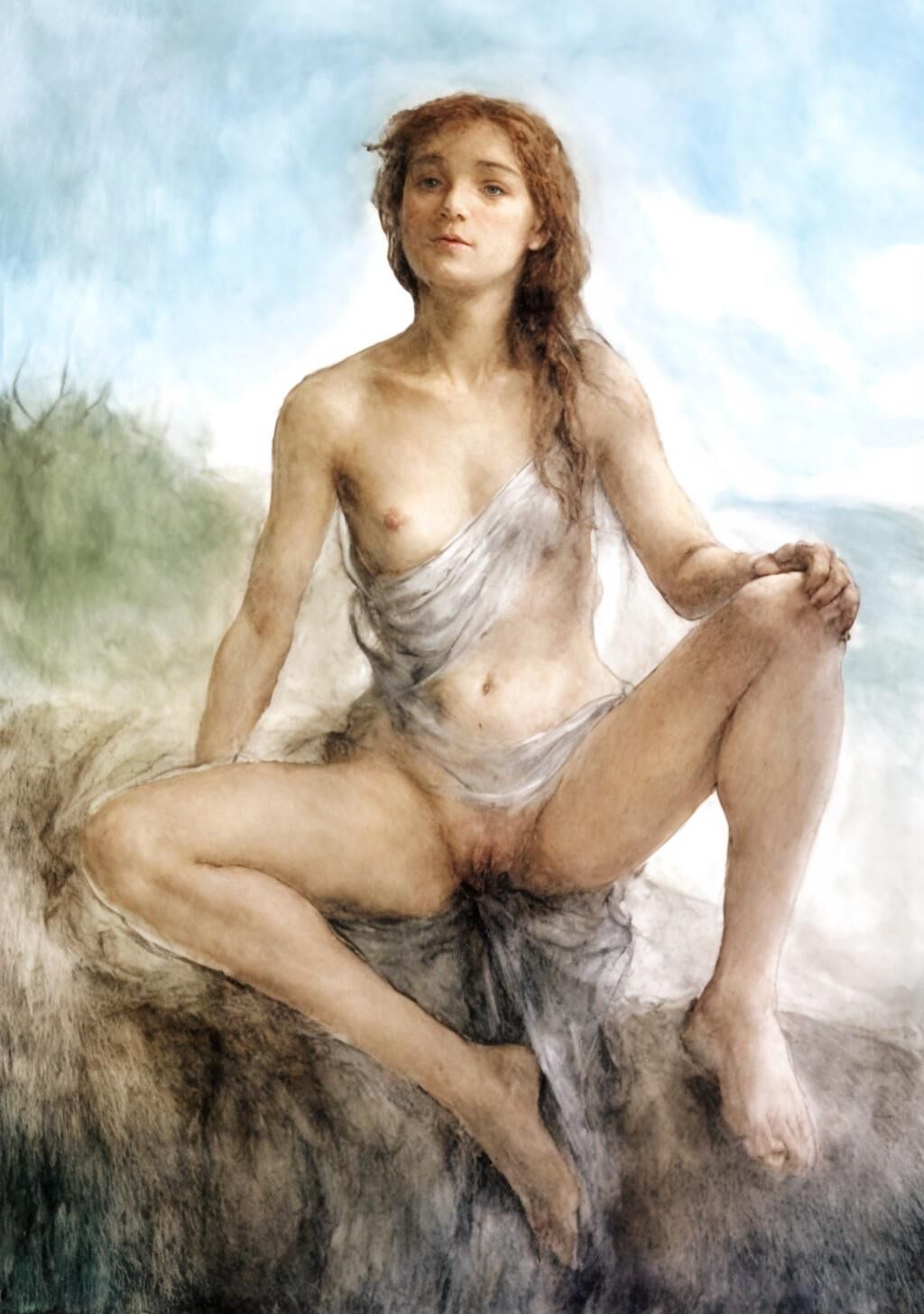 Klassische Illustrationszeichnungen von Nudist Redhead in der Öffentlichkeit