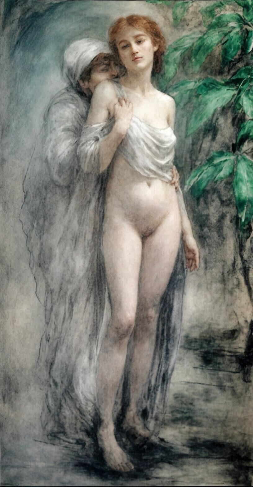 Klassische Illustrationszeichnungen von Nudist Redhead in der Öffentlichkeit